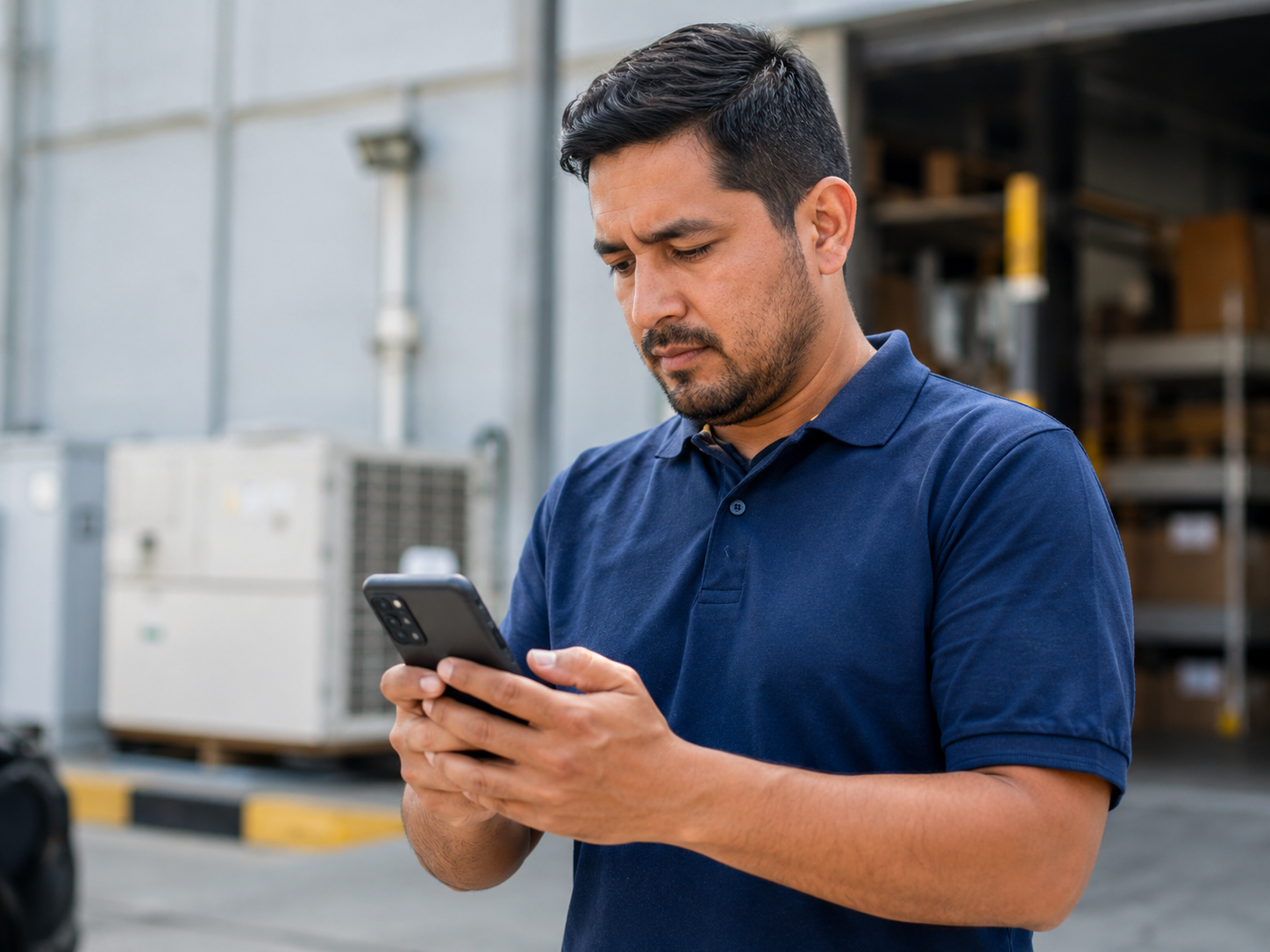 Técnico de campo em galpão logístico usando smartphone Android corporativo gerenciado pela Alow MDM