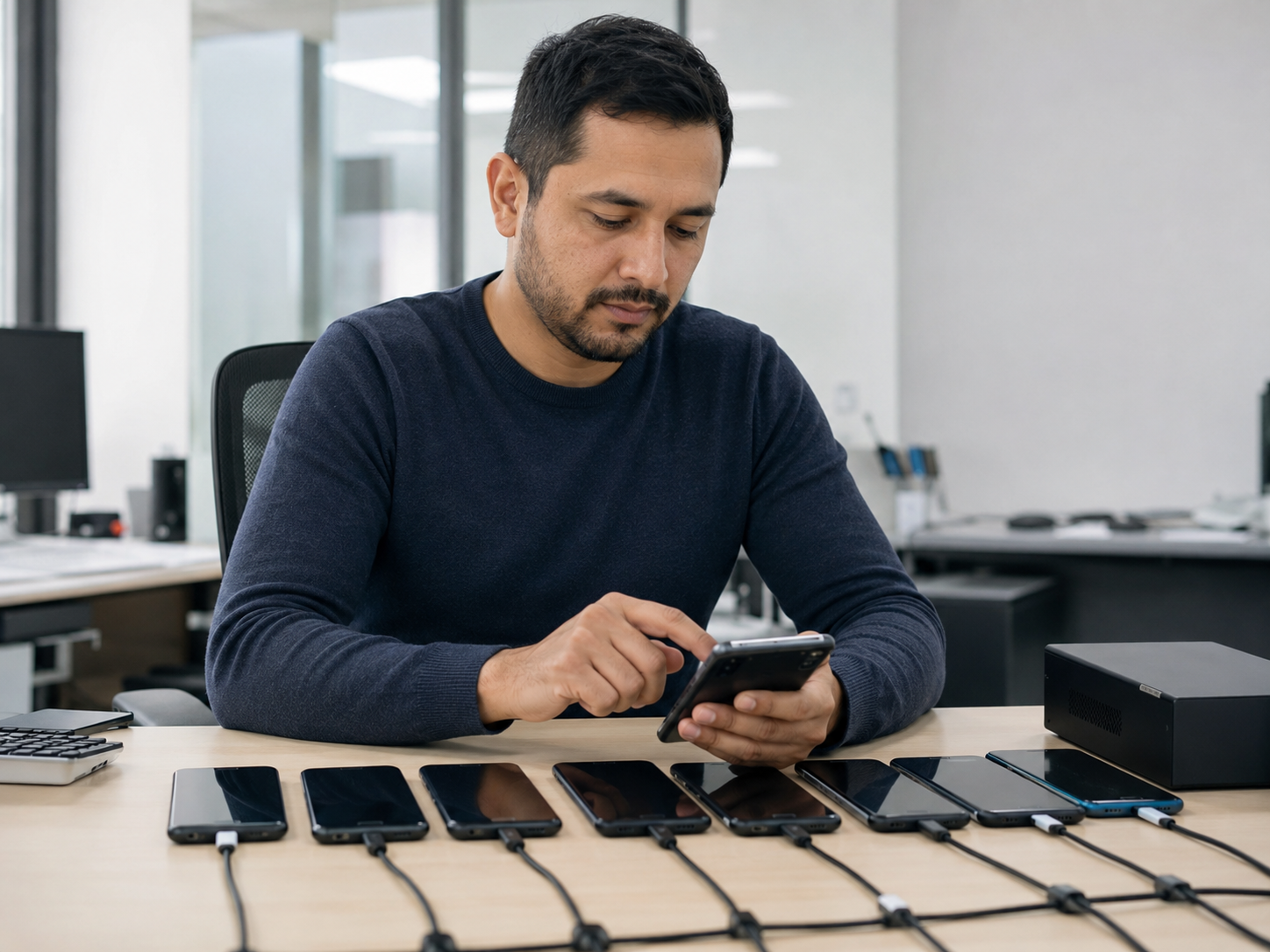 Profissional de TI configurando múltiplos smartphones Android corporativos em mesa de escritório